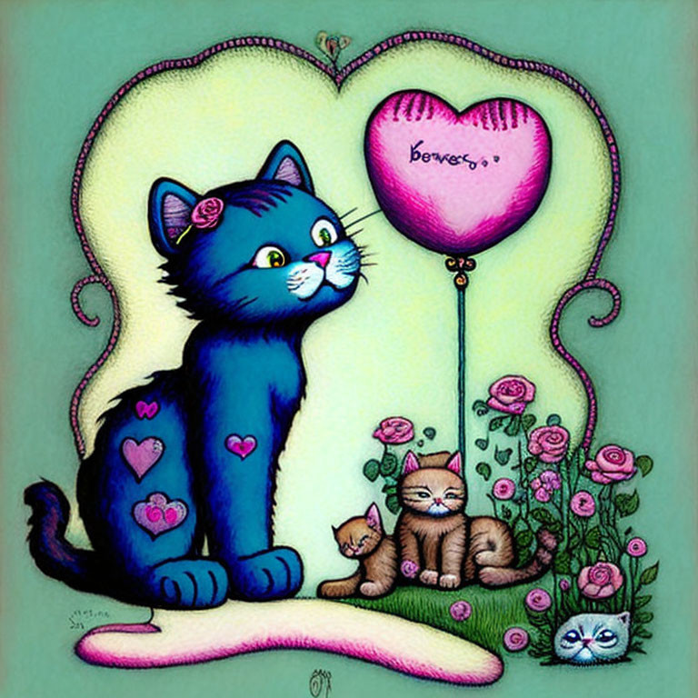 Whimsical blue cat surrounded by kitten, mouse, and fish with heart motifs on pink heart balloon