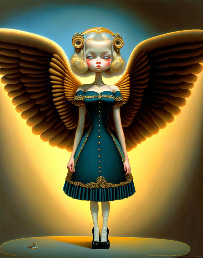 Surreal character with angelic wings in Victorian dress and whimsical setting