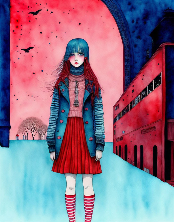 Illustration of girl with blue hair in cityscape under pink starry sky