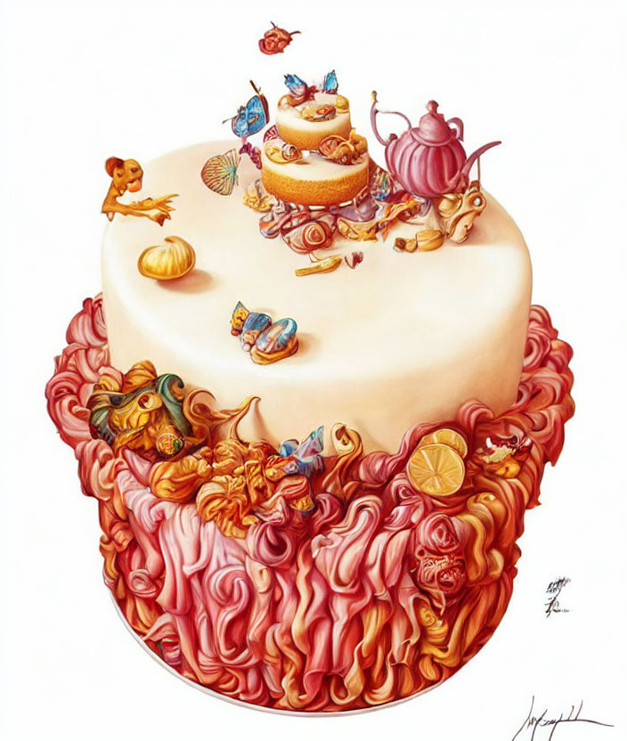 Whimsical cake illustration with teapots, sweets, butterflies, and character