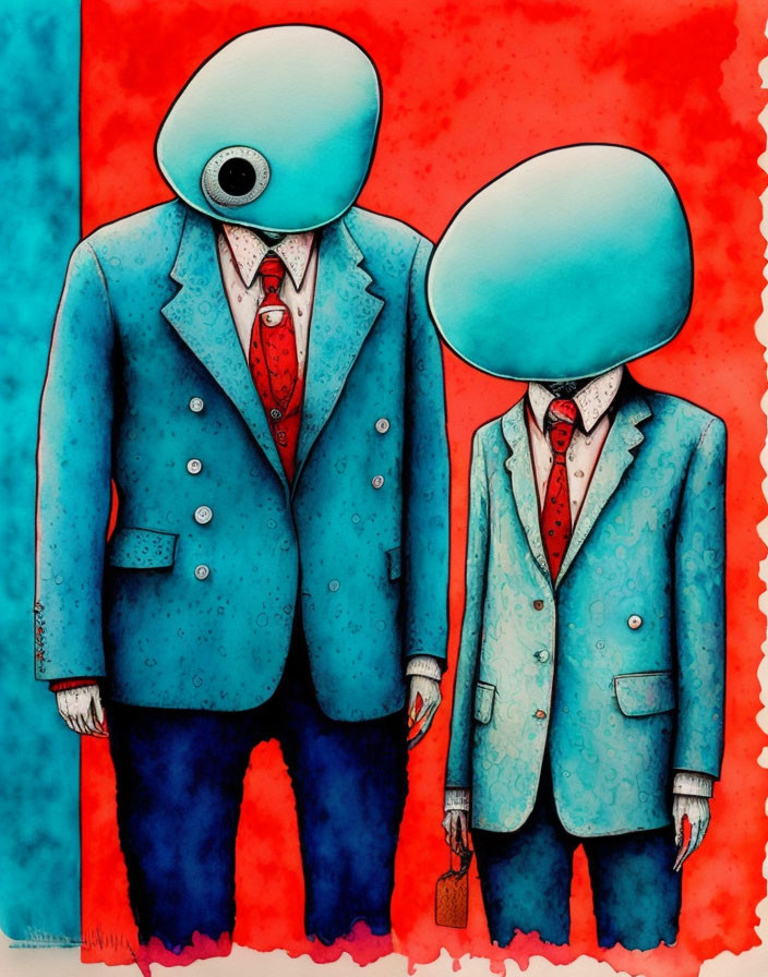 Illustrated figures in suits with oversized heads on red background