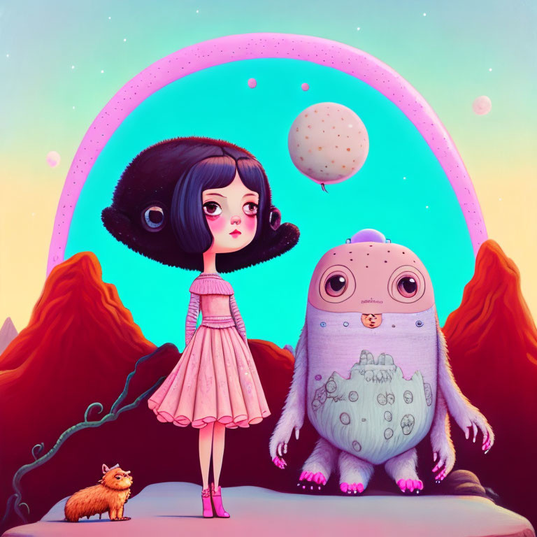 Whimsical girl illustration with large eyes and pink dress under crescent moon