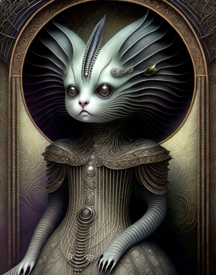 Cat-like face creature with human body and antennae in ornate clothing against arch background