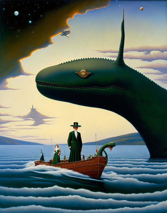 Surreal painting of giant whale, man in top hat, woman in boat, under starry