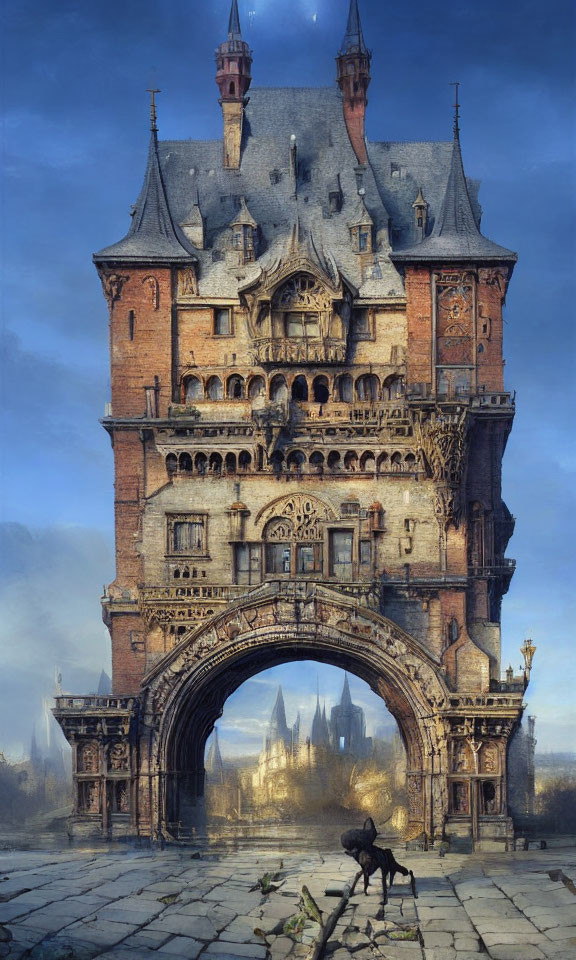 Intricate Gothic castle atop stone archway with lone figure and ruins