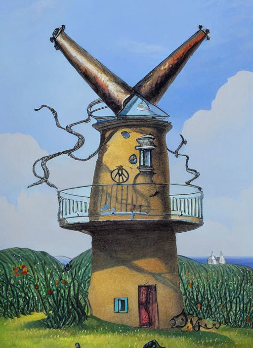 Whimsical upside-down cone building with trumpet-like extensions in a field setting