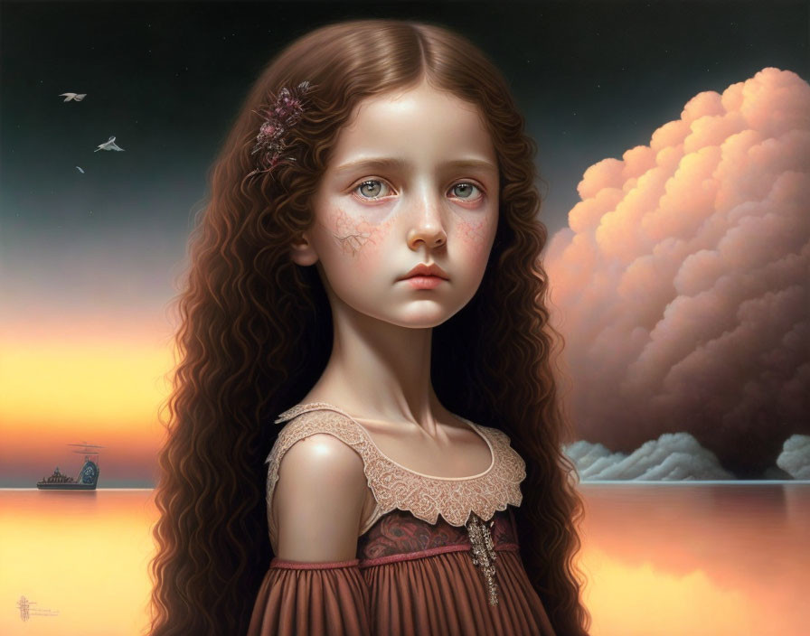 Digital painting: Young girl with curly hair in lace dress by ocean sunset.