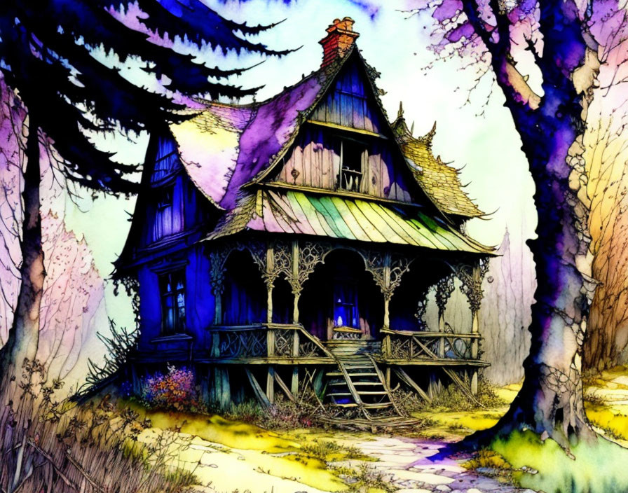 Charming illustration of old-fashioned house in a forest