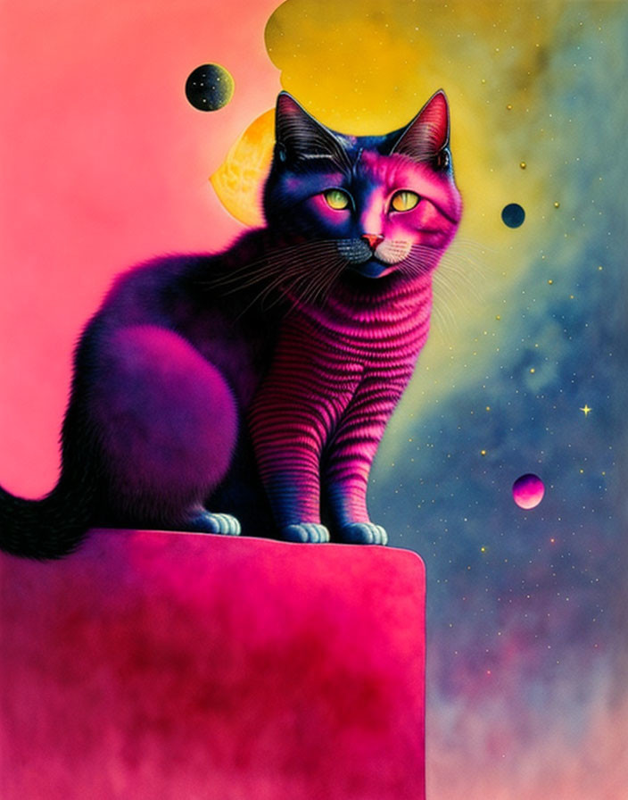 Purple Striped Cat on Cube in Cosmic Nebula with Planets