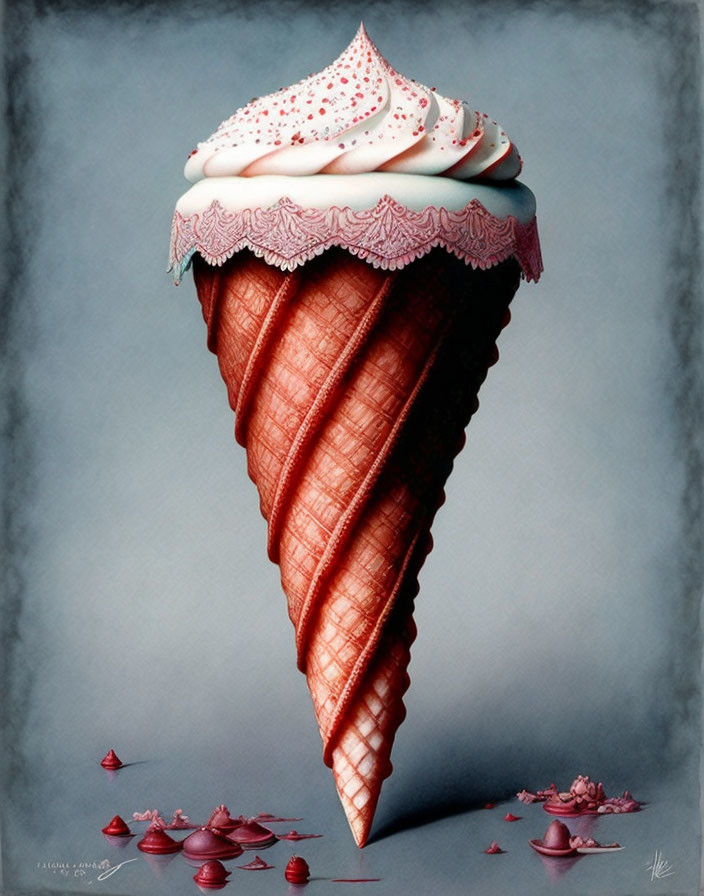 Decorative oversized ice cream cone illustration with lace trim and mini cones.