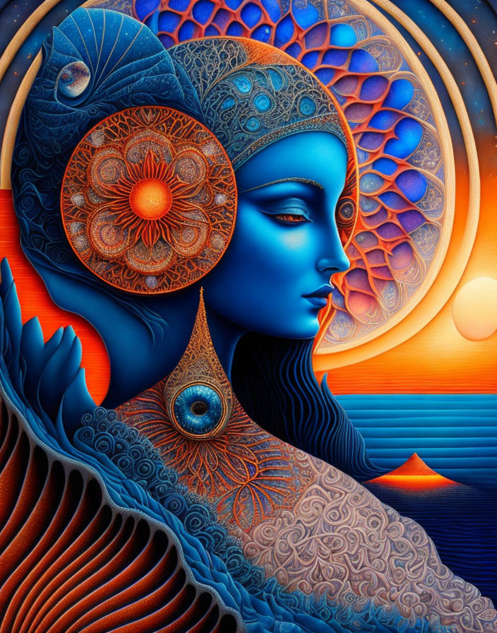 Colorful artistic illustration of a blue female figure with intricate patterns and mandalas and celestial motifs