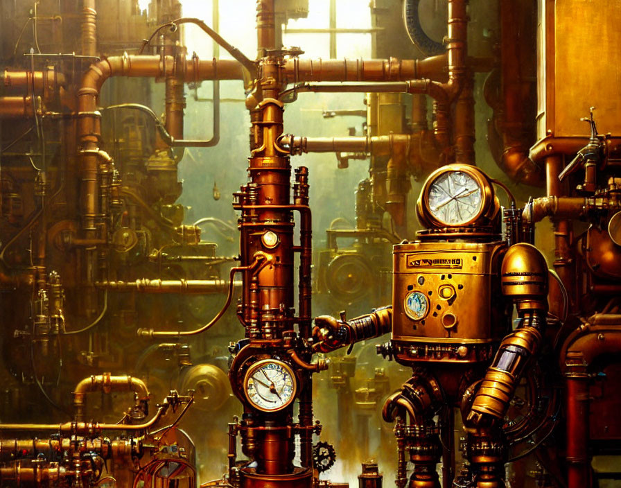 Steampunk-inspired robot with gauges and brass detailing among industrial machinery