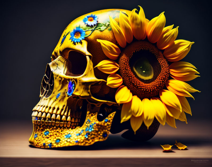 Colorful Skull with Floral Designs and Sunflower Eye Socket on Dark Background