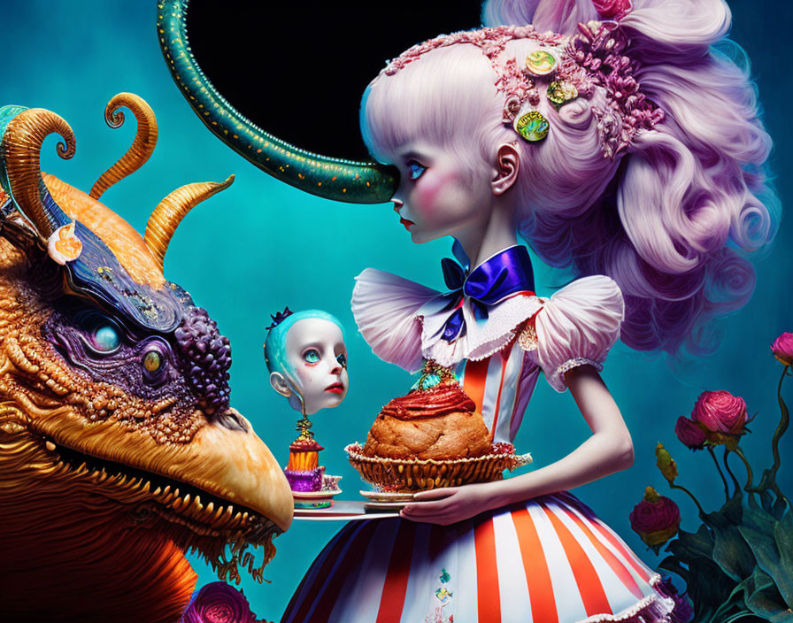 Illustration of girl with pastel hair offering treats to creature beside floating doll head