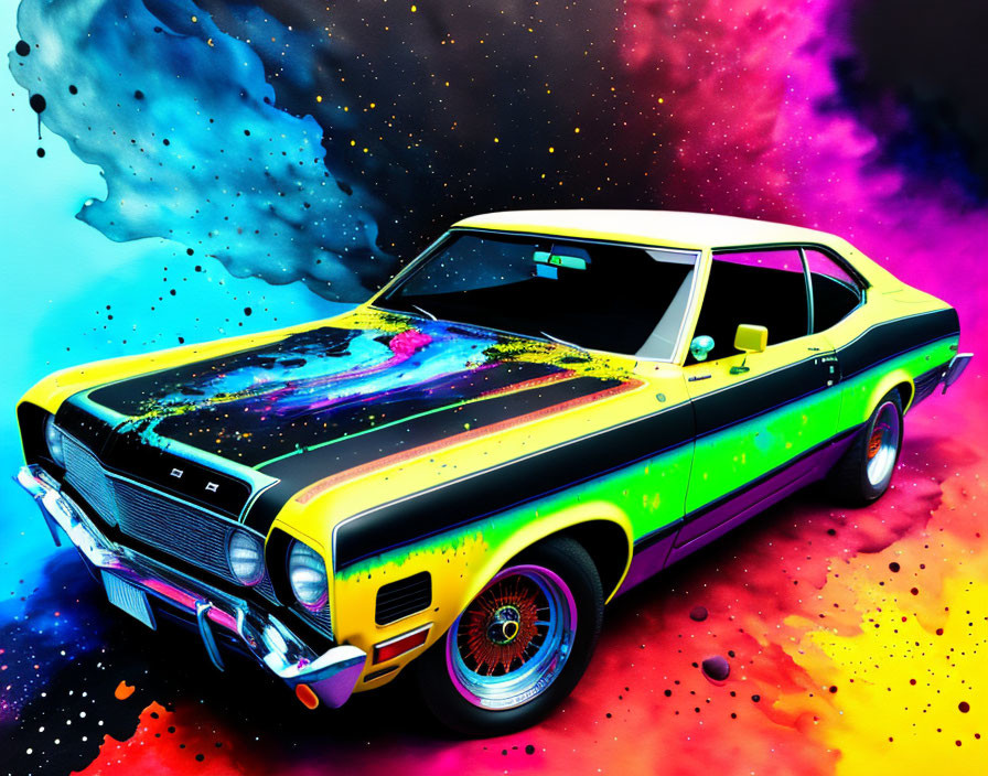 Vibrantly colored vintage car on psychedelic neon background