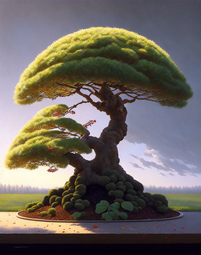 Detailed painting of whimsical bonsai tree in lush green canopy against serene meadow.