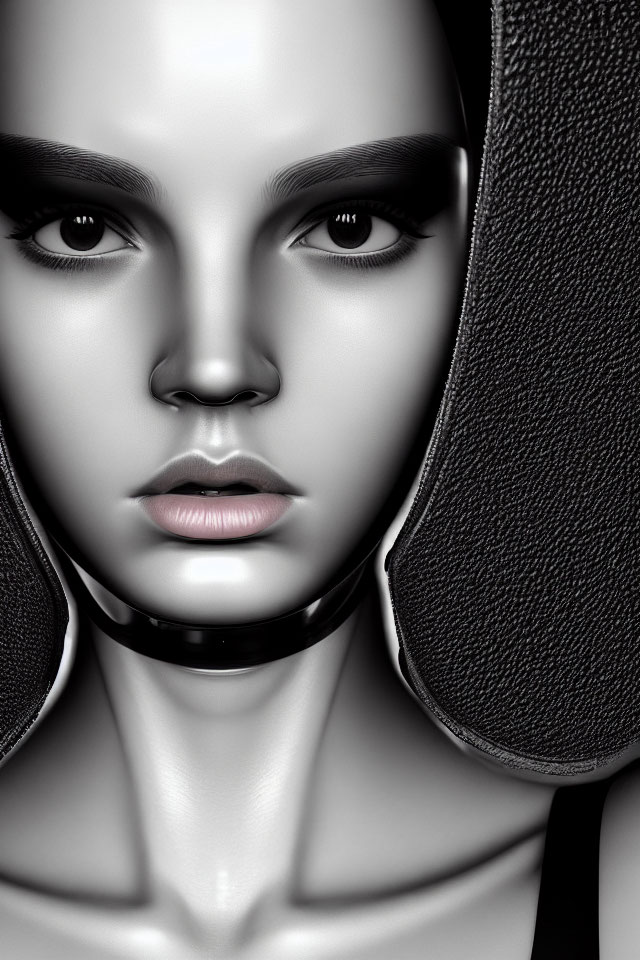 Monochromatic close-up of woman with intense eyes and futuristic headpiece