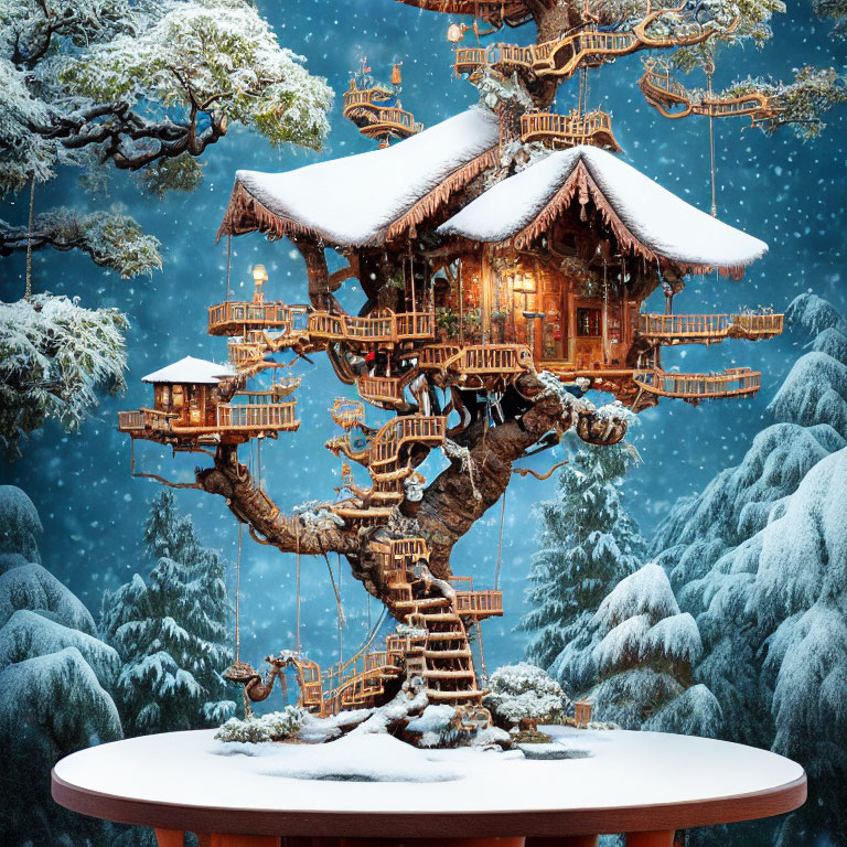 Intricate multi-level treehouse in snow-covered bonsai tree forest