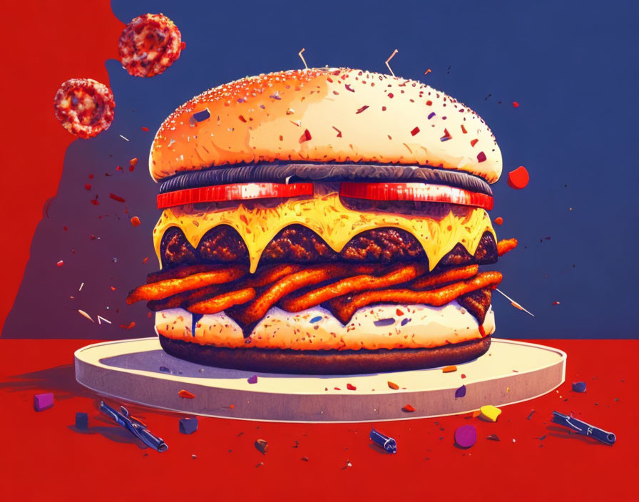 Stylized cheeseburger illustration with multiple patties and melty cheese