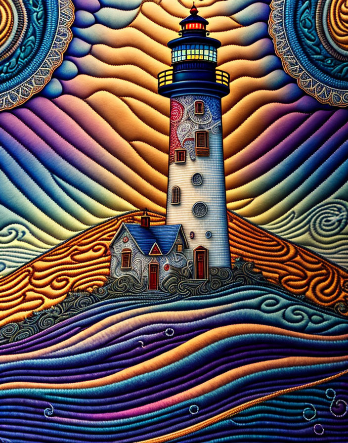 Colorful Psychedelic Lighthouse Illustration with Swirling Patterns