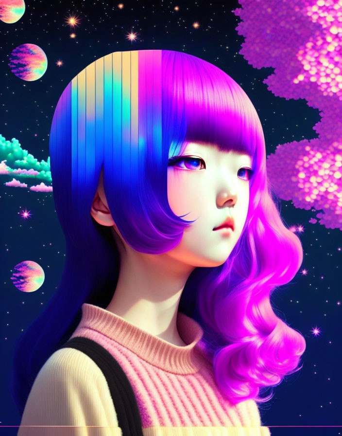 Vibrant rainbow-haired girl in cosmic setting