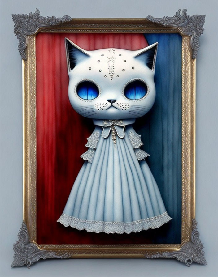 Stylized cat with human-like face in blue dress on ornate silver frame