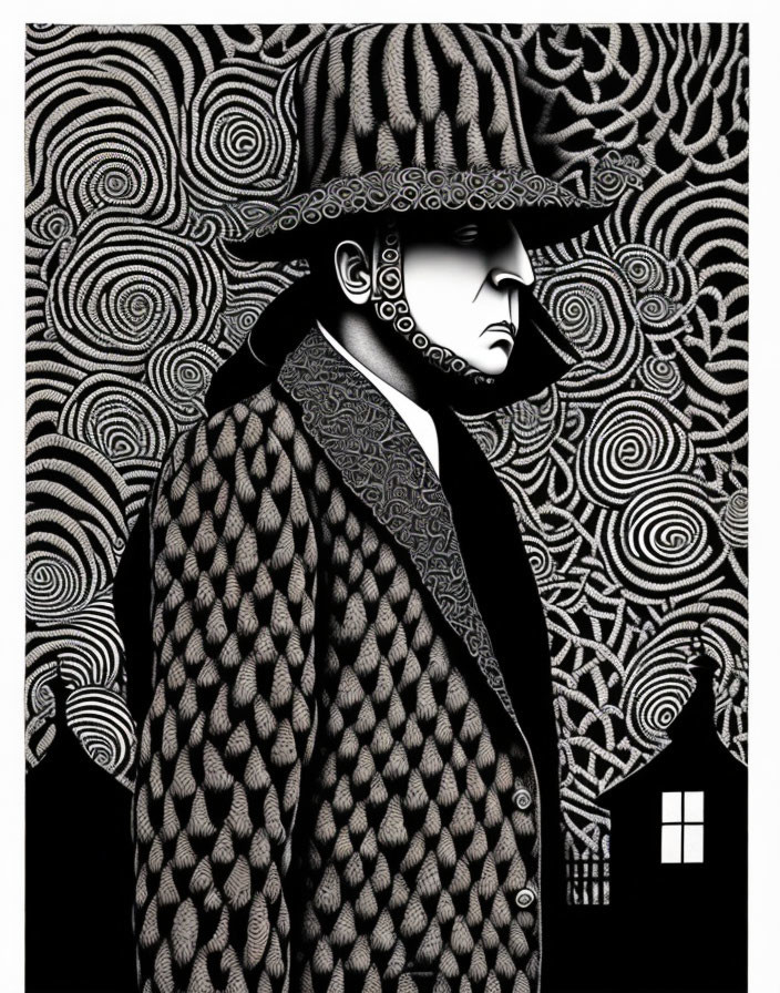 Monochromatic illustration of person with hat & overcoat, intricate patterns, surreal swirls & small