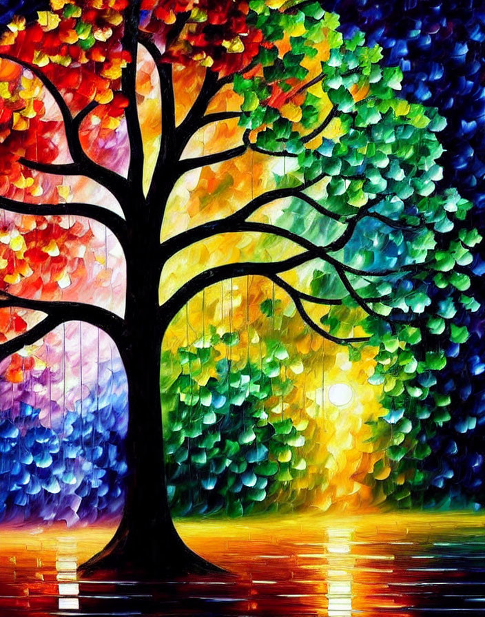 Colorful Tree Painting on Glossy Surface with Bright Light