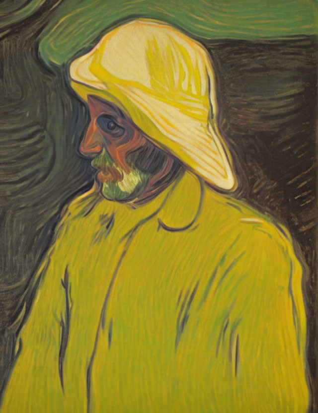 Colorful Expressionist Style Portrait of Man in Yellow Hat and Coat