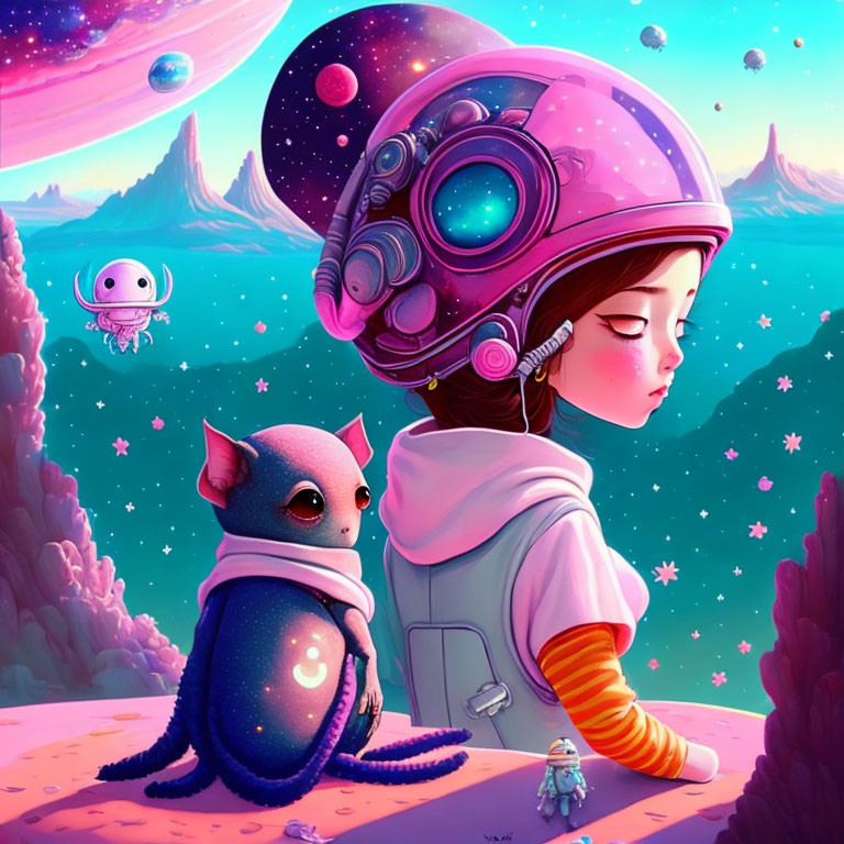 Girl in spacesuit on alien planet with creature, robot, cosmic backdrop