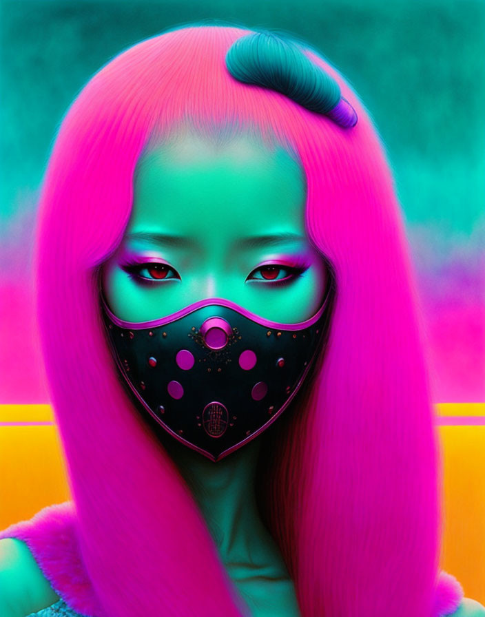 Vibrant pink hair and stylized facemask on neon background