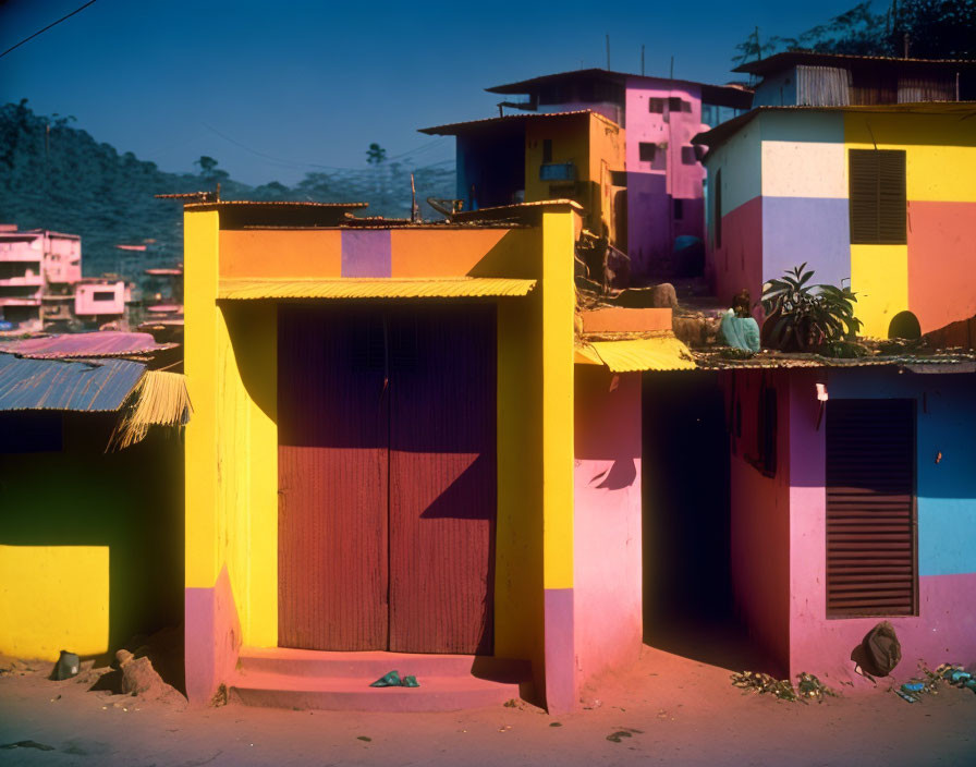 Vibrant yellow, pink, and blue houses with person on porch