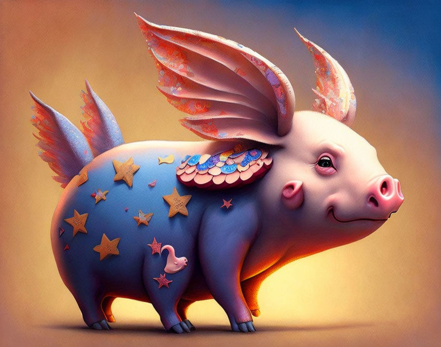 Whimsical pig with wings and mouse on warm gradient background