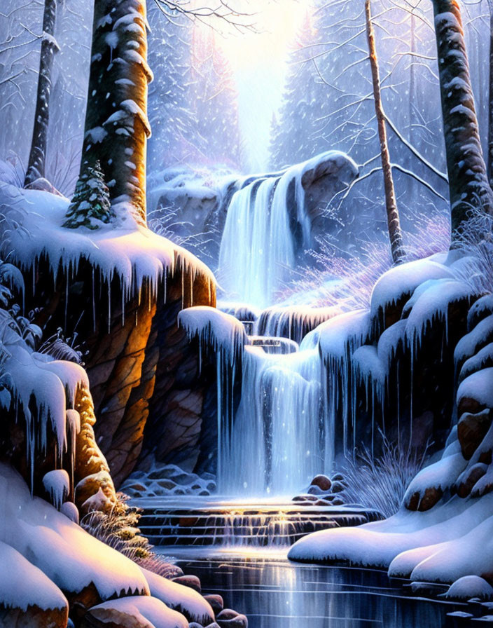 Snow-covered trees and waterfall in serene winter scene