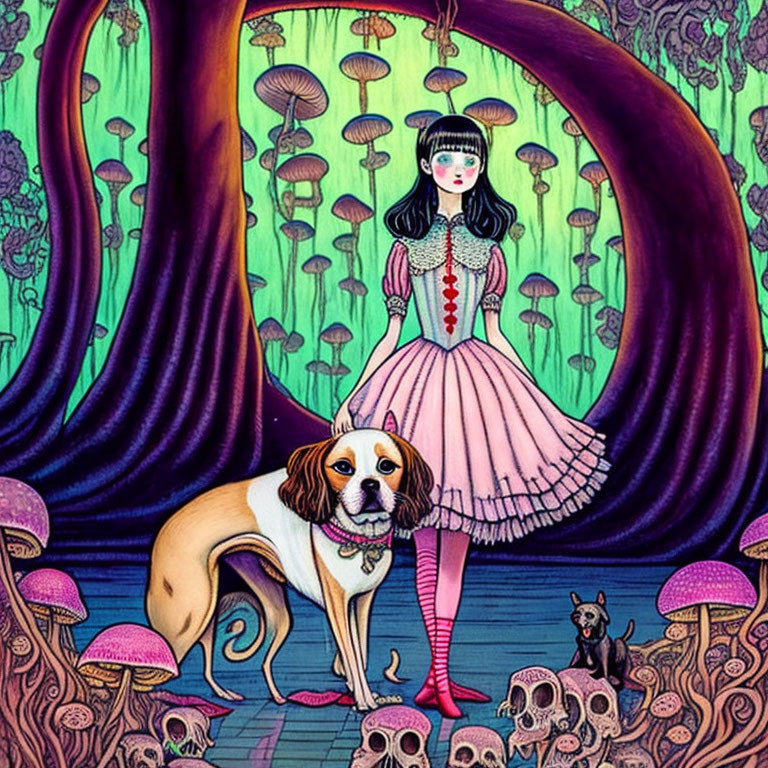 Illustration of girl with Cavalier King Charles Spaniel among fantastical mushrooms