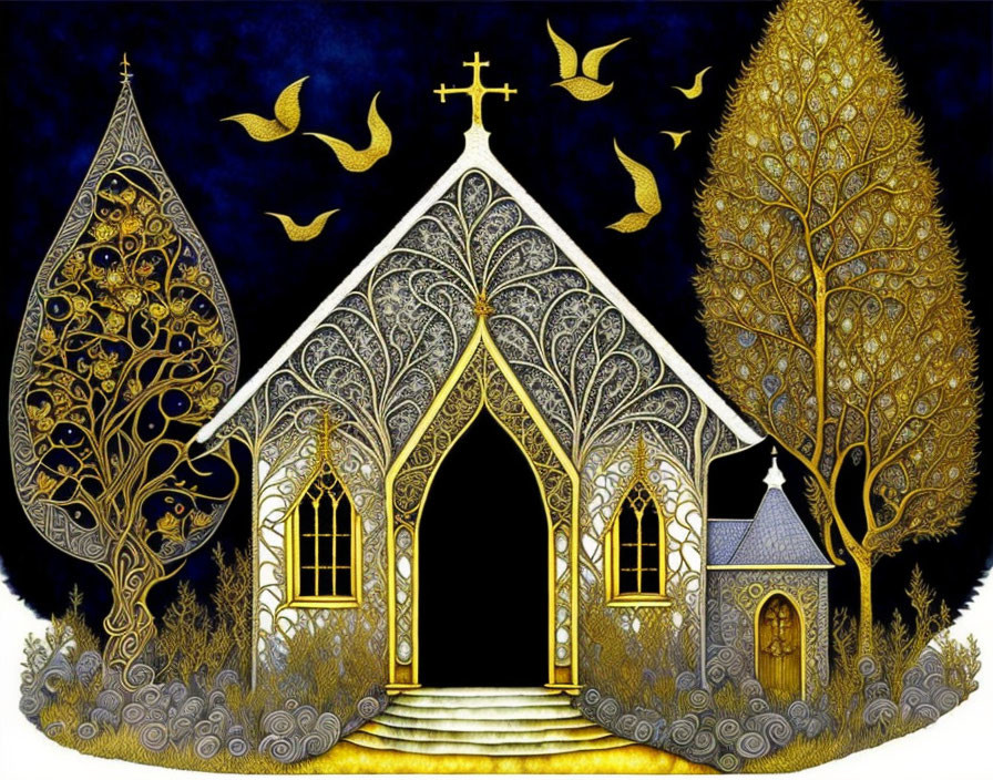 Gothic-style church with ornate windows, golden trees, birds, starry night sky