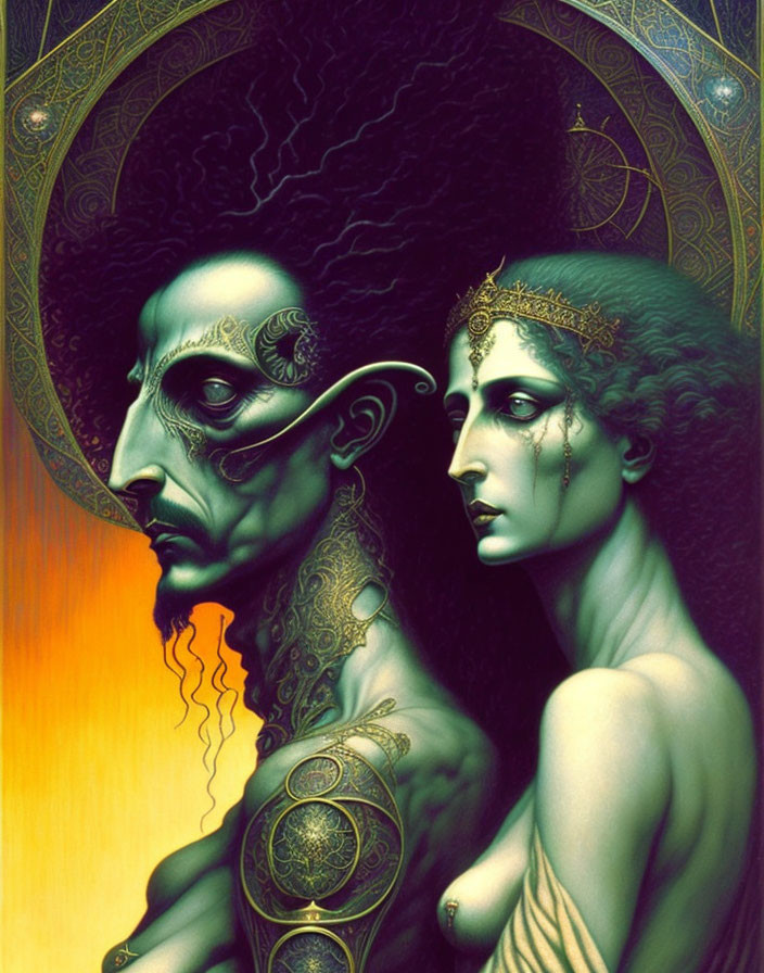 Stylized painting of man and woman with ornate headpieces and jewelry