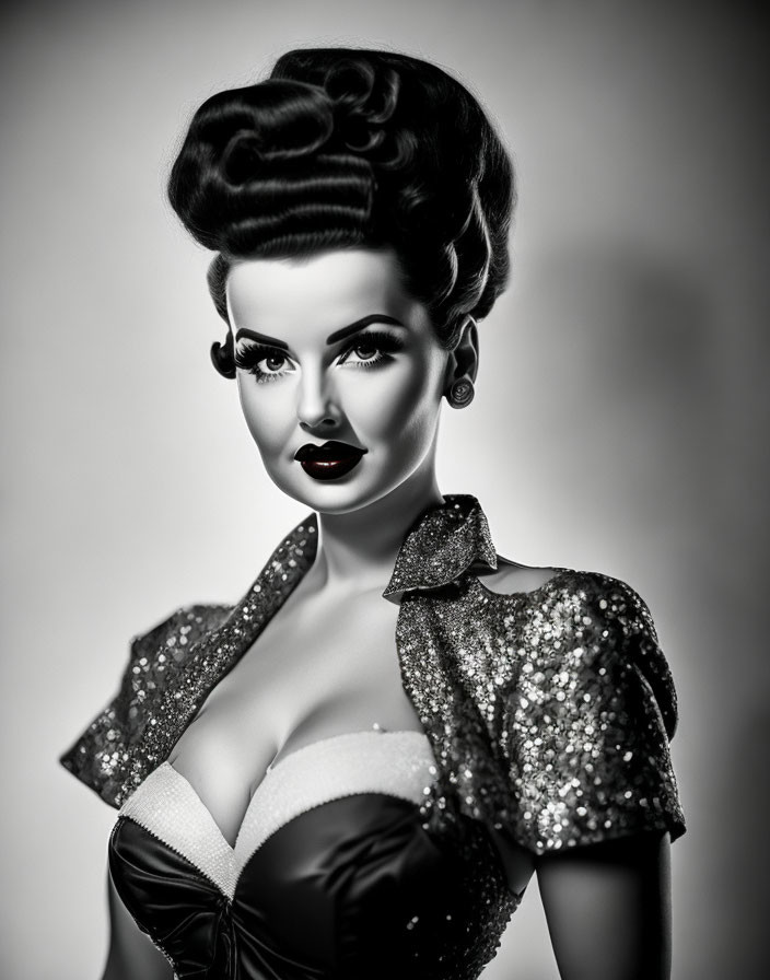 Classic Black and White Portrait of Woman with Glamorous Vintage Style