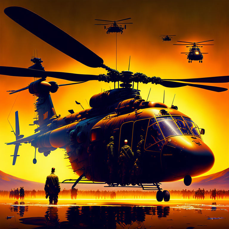 Person walking towards helicopter on reflective surface with helicopters in sunset-lit sky