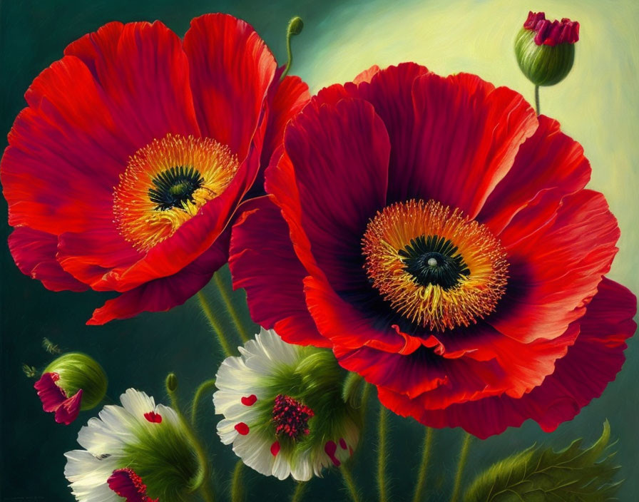 Colorful painting of red and white flowers with intricate petals on a green backdrop