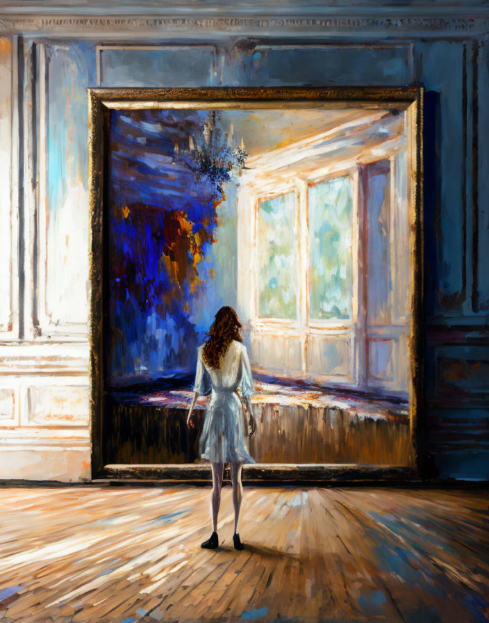 Young girl admiring colorful abstract painting in sunlit room