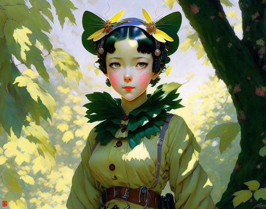 Digital artwork featuring girl with butterfly hair accessories and green leaf collar in sunlit foliage.