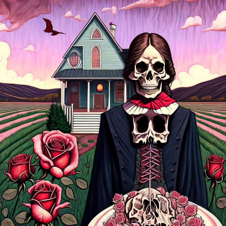 Surreal skeleton in suit holding heart-shaped roses plate by Victorian house.