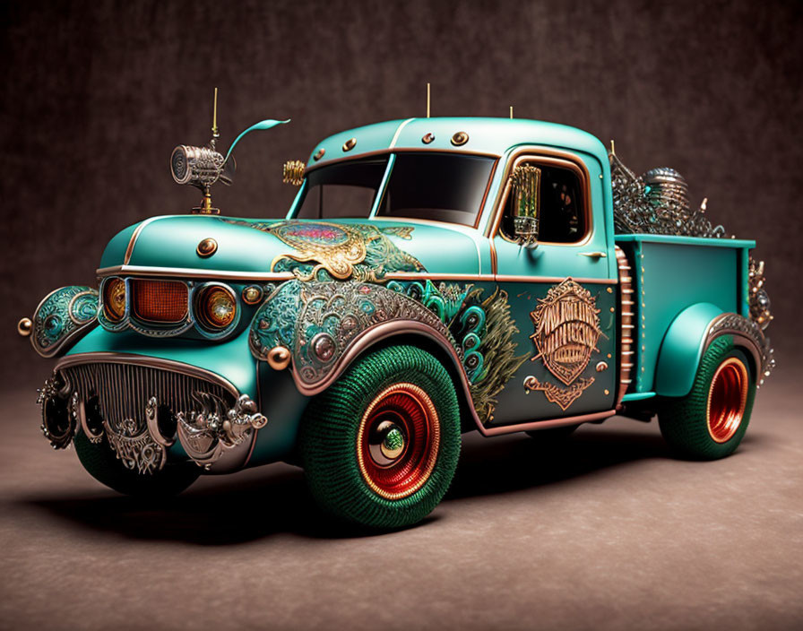 Vintage Teal Pickup Truck with Gold and Green Embellishments on Textured Background