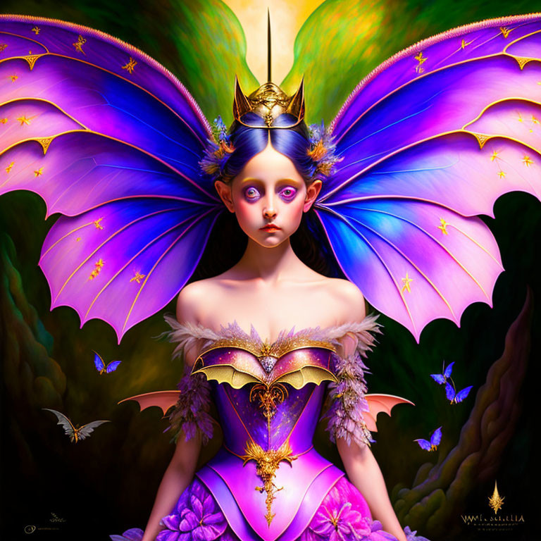 Vibrant purple-winged fairy in ornate dress on magical background