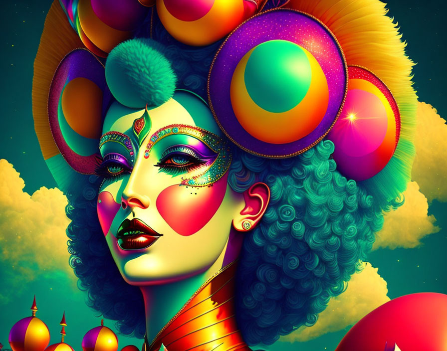 Colorful surreal makeup and headdress on a woman in fantastical setting