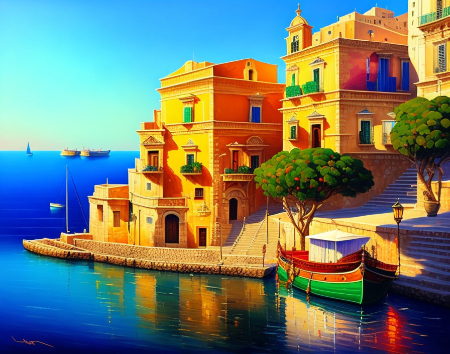 Colorful Mediterranean-style waterfront with traditional boat and clear skies