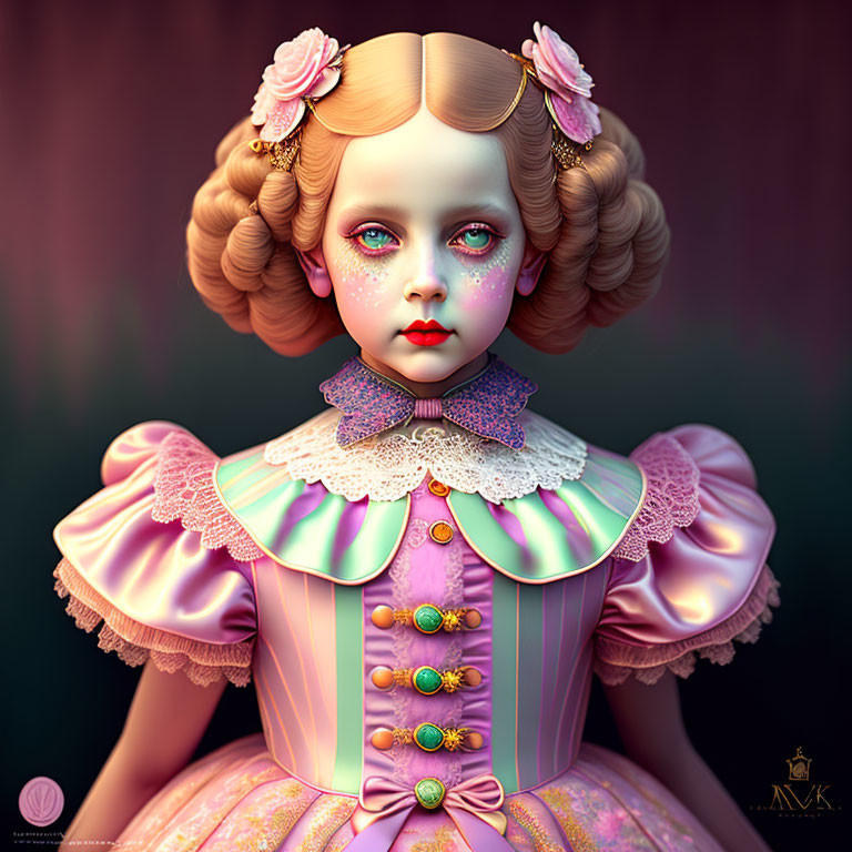 Colorful digital art: Doll-like figure in Victorian attire