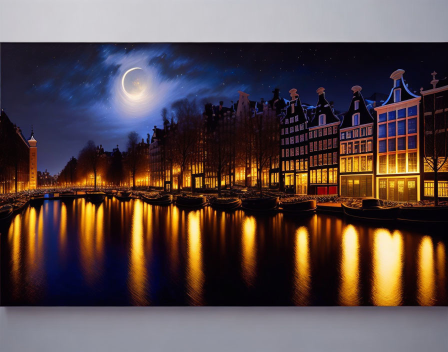 Crescent moon over canal with traditional buildings reflecting on water