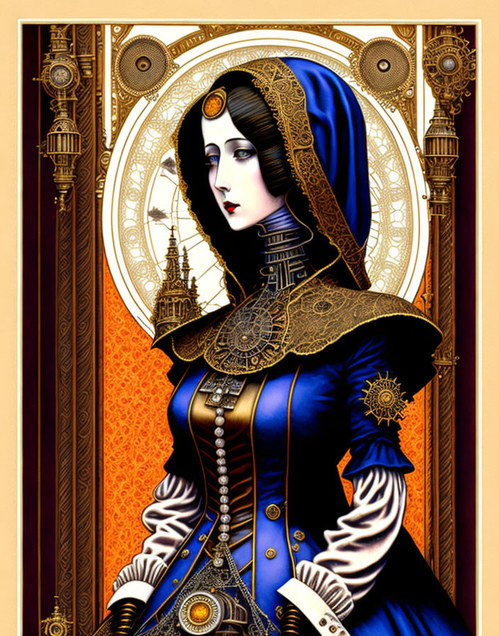 Steampunk-inspired woman in blue and gold outfit on ornate backdrop